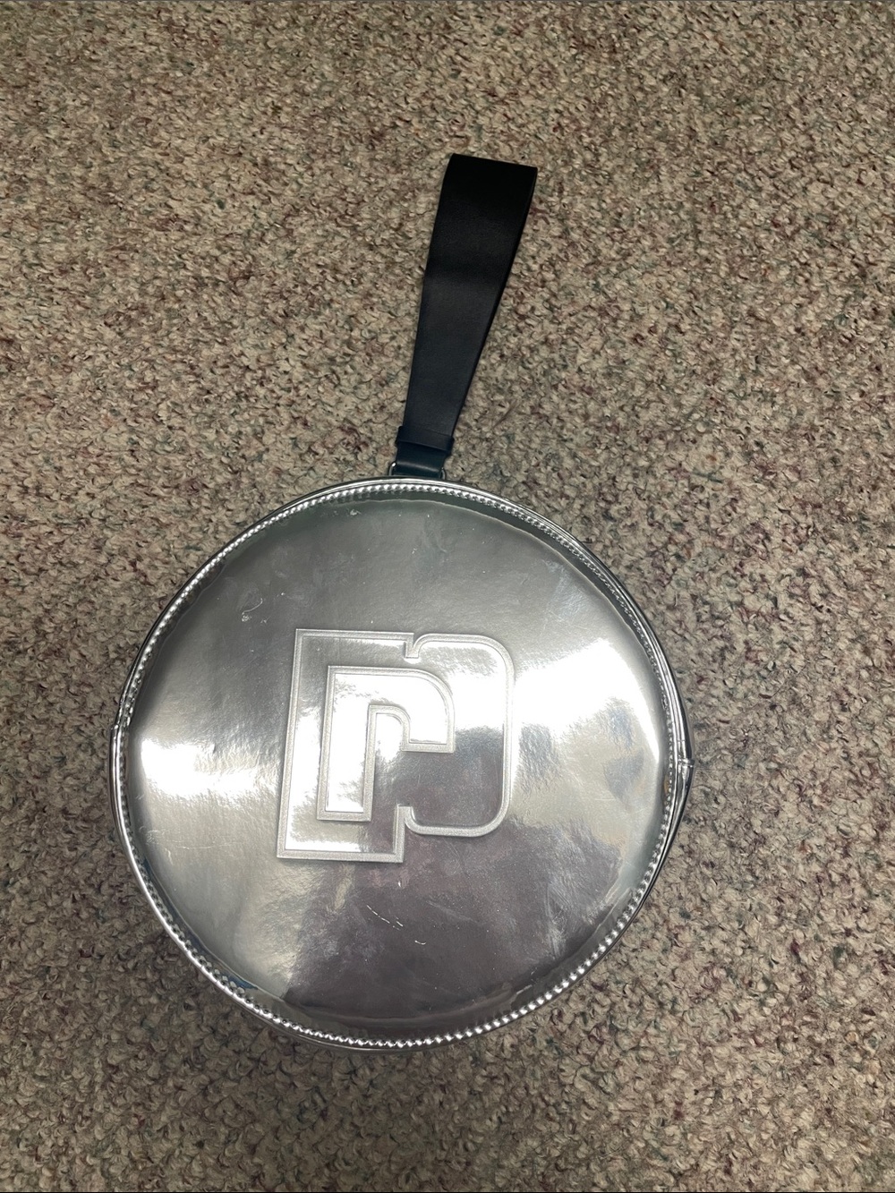 Paco rabanne Silver mirrored Round wristlet handle purse with Embossed Logo